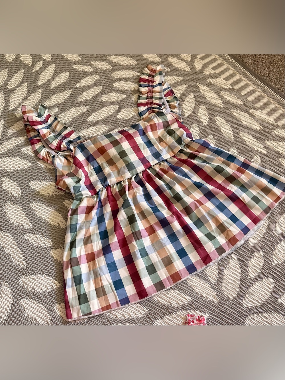 Vintage Multicolor Gingham Ruffle-Sleeve Dress - Red, Blue, Green, Tan